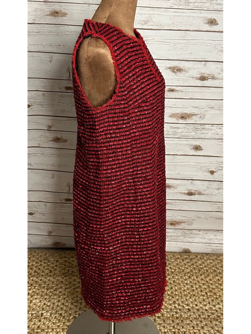 Ann Taylor red black metallic tweed fringe V-neck sleeveless shift dress Size 6 - Picture 3 of 6
